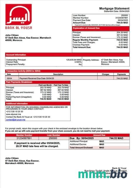 Maroko Bank Al Yousr wyciąg z kredytu hipotecznego szablon Word i PDF